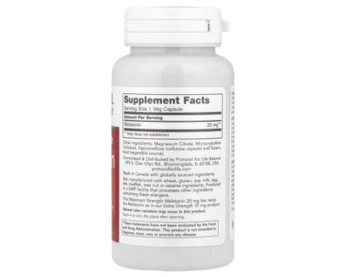 Protocol for Life Balance, Melatonin, Maximum Strength, 20 mg, 90 Veg Capsules