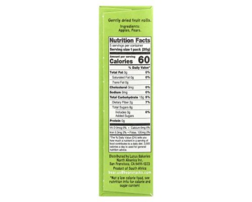 Bear, Fruit Rolls, Apple-Pear, 5 Packs, 0.7 oz (20 g) Each Bear, Fruit Rolls, Apple-Pear, 5 Packs, 0.7 oz (20 g) Each