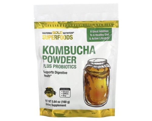 California Gold Nutrition, Superfoods, Kombucha Powder with Kombucha, Brewed Apple Cider Vinegar and Soluble Tapioca Fiber Plus Probiotics, 5.64 oz (160 g)
