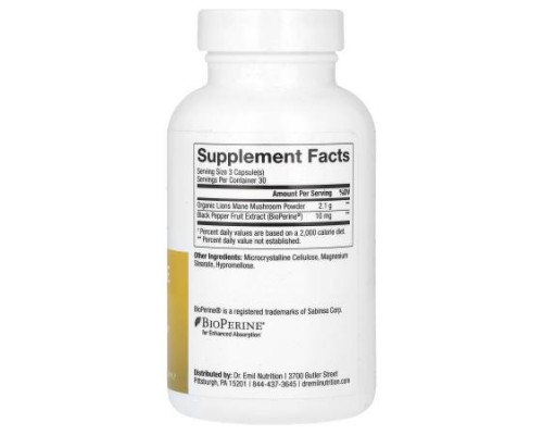 Dr. Emil Nutrition, Lion's Mane, 90 Vegetable Capsules Dr. Emil Nutrition, Lion's Mane, 90 Vegetable Capsules