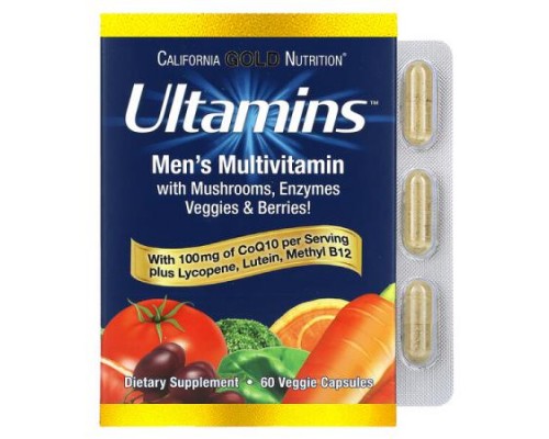 California Gold Nutrition, Ultamins Men's Multivitamin with CoQ10, Mushrooms, Enzymes, Veggies & Berries, 60 Veggie Capsules