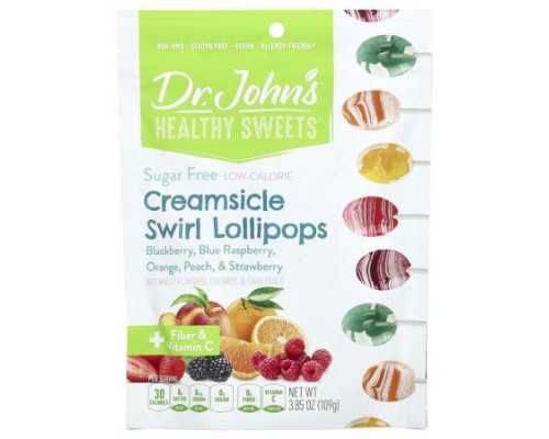 Dr. John's Healthy Sweets, Creamsicle Swirl Lollipops, Blackberry, Blue Raspberry, Orange, Peach, & Strawberry, Sugar Free, 3.85 oz (109 g) Dr. John's Healthy Sweets, Creamsicle Swirl Lollipops, Blackberry, Blue Raspberry, Orange, Peach, & Strawberry, Sugar Free, 3.85 oz (109 g)