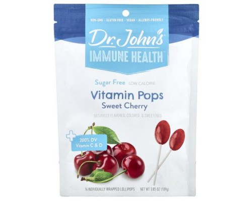 Dr. John's Healthy Sweets, Immune Health™, Vitamin Pops, Sweet Cherry, 14 Individually Wrapped Lollipops, 3.85 oz (109 g) Dr. John's Healthy Sweets, Immune Health™, Vitamin Pops, Sweet Cherry, 14 Individually Wrapped Lollipops, 3.85 oz (109 g)