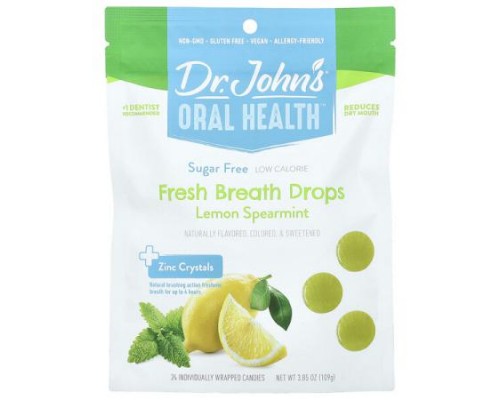 Dr. John's Healthy Sweets, Oral Health™, Fresh Breath Drops, + Zinc Crystals, Lemon Spearmint, Sugar Free, 24 Individually Wrapped Candies, 3.85 oz (109 g) Dr. John's Healthy Sweets, Oral Health™, Fresh Breath Drops, + Zinc Crystals, Lemon Spearmint, Sugar Free, 24 Individually Wrapped Candies, 3.85 oz (109 g)