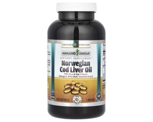 Amazing Nutrition, Amazing Omega, Norwegian Cod Liver Oil, Fresh Orange, 1,000 mg, 250 Softgels Amazing Nutrition, Amazing Omega, Norwegian Cod Liver Oil, Fresh Orange, 1,000 mg, 250 Softgels