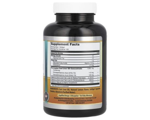 Amazing Nutrition, Norwegian Cod Liver Oil, Lemon, 1,250 mg, 120 Softgels