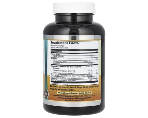 Amazing Nutrition, Norwegian Cod Liver Oil, Fresh Orange, 1,250 mg, 120 Softgels Amazing Nutrition, Norwegian Cod Liver Oil, Fresh Orange, 1,250 mg, 120 Softgels