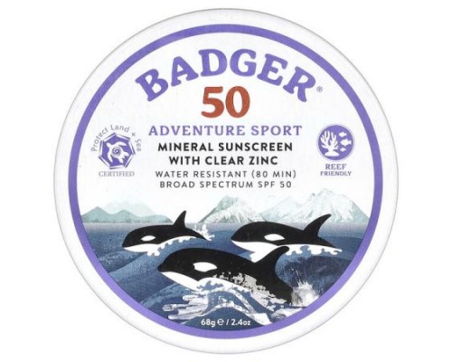 Badger, Adventure Sport, Mineral Sunscreen with Clear Zinc, SPF 50, Unscented, 2.4 oz (68 g) Badger, Adventure Sport, Mineral Sunscreen with Clear Zinc, SPF 50, Unscented, 2.4 oz (68 g)