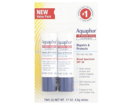Aquaphor, Lip Repair Stick + Sunscreen, SPF 30, Fragrance Free, 2 Sticks, 0.17 oz (4.8 g) Each Aquaphor, Lip Repair Stick + Sunscreen, SPF 30, Fragrance Free, 2 Sticks, 0.17 oz (4.8 g) Each