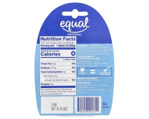 Equal, Zero Calorie Sweetener, Original, 100 Tablets