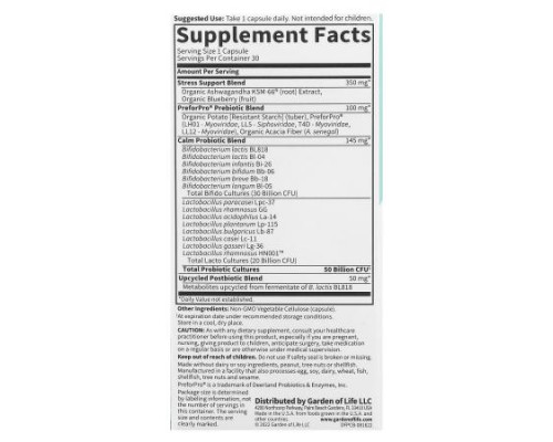 Garden of Life, Probiotics Calm, 50 Billion, 30 Vegetarian Capsules