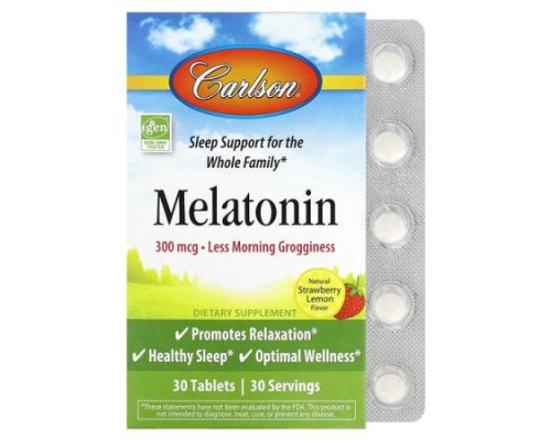 Carlson, Melatonin, Natural Strawberry Lemon, 300 mcg, 30 Tablets