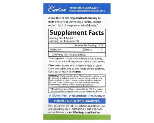 Carlson, Melatonin, Natural Strawberry Lemon, 300 mcg, 30 Tablets