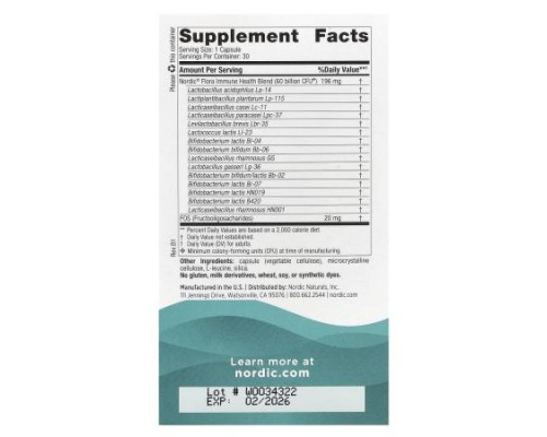 Nordic Naturals, Nordic Flora Probiotic, Immune Health, 60 Billion CFU, 30 Capsules