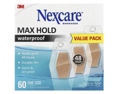 Nexcare, Waterproof Bandages, Max Hold, 60 One Size Bandages