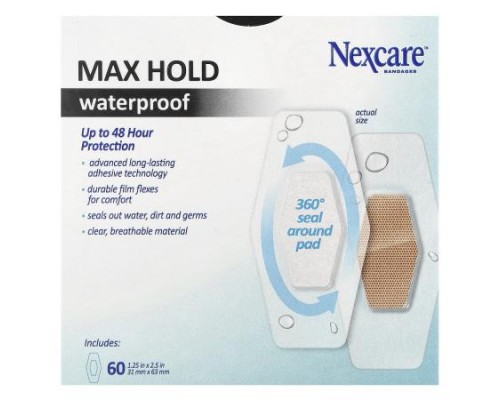 Nexcare, Waterproof Bandages, Max Hold, 60 One Size Bandages