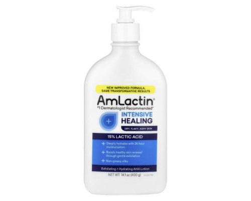 AmLactin, Intensive Healing, Exfoliating & Hydrating AHA Lotion, Dry, Flaky, Ashy Skin, Fragrance Free, 14.1 oz (400 g)