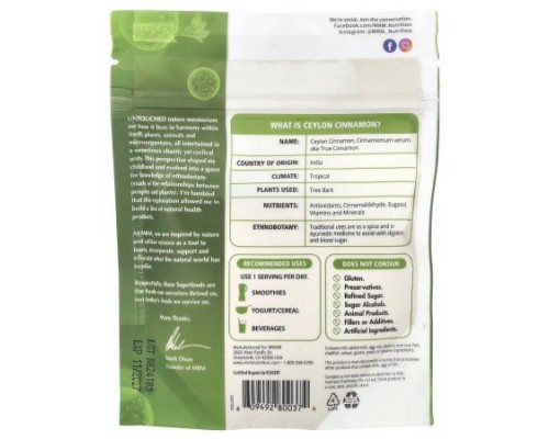 MRM Nutrition, Organic Ceylon Cinnamon Powder, 4 oz (113 g) MRM Nutrition, Organic Ceylon Cinnamon Powder, 4 oz (113 g)