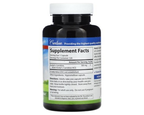 Carlson, Acetyl-L-Carnitine, 500 mg, 120 Vegetarian Capsules Carlson, Acetyl-L-Carnitine, 500 mg, 120 Vegetarian Capsules