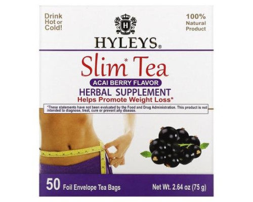 Hyleys Tea, Slim Tea, Acai Berry, 50 Foil Envelope Tea Bags, 2.64 oz (75 g)