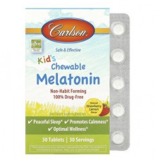 Carlson, Kid's Chewable Melatonin, Strawberry Lemon, 30 Tablets (300 mcg per Tablet)