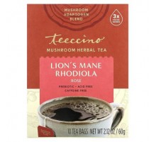 Teeccino, Mushroom Herbal Tea, Lion's Mane Rhodiola, Rose, Caffeine Free, 10 Tea Bags, 2.12 oz (60 g)