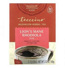 Teeccino, Mushroom Herbal Tea, Lion's Mane Rhodiola, Rose, Caffeine Free, 10 Tea Bags, 2.12 oz (60 g)