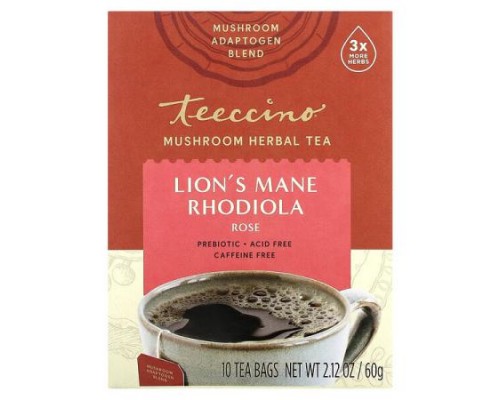 Teeccino, Mushroom Herbal Tea, Lion's Mane Rhodiola, Rose, Caffeine Free, 10 Tea Bags, 2.12 oz (60 g)