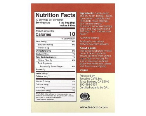 Teeccino, Mushroom Herbal Tea, Lion's Mane Rhodiola, Rose, Caffeine Free, 10 Tea Bags, 2.12 oz (60 g)