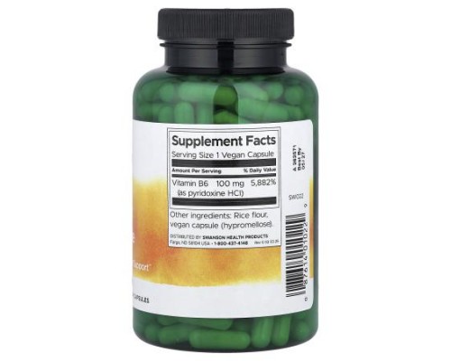 Swanson, Vitamin B6 Pyridoxine, 100 mg, 250 Vegan Capsules