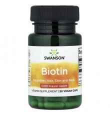 Swanson, Biotin, 5,000 mcg, 30 Vegan Caps