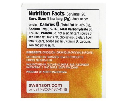 Swanson, Dandelion Root Tea, Caffeine Free, 20 Tea Bags, 1.4 oz (40 g)