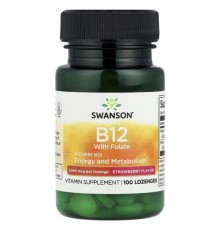 Swanson, Vitamin B12 with Folate, Strawberry, 100 Lozenges