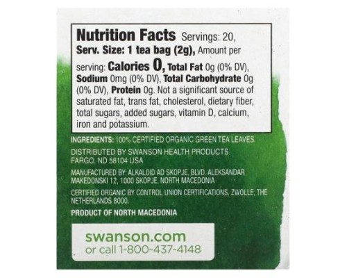 Swanson, 100% Organic Green Tea, 20 Tea Bags, 1.4 oz (40 g) Swanson, 100% Organic Green Tea, 20 Tea Bags, 1.4 oz (40 g)