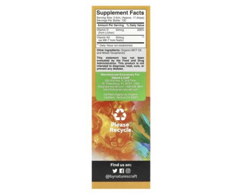 Nature's Craft, Organic Vitamin D3 + K2 Drops, Alcohol-Free, 60 ml Nature's Craft, Organic Vitamin D3 + K2 Drops, Alcohol-Free, 60 ml