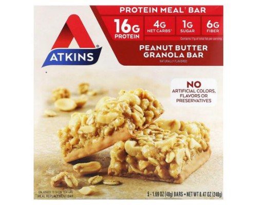 Atkins, Protein Meal Bar, Peanut Butter Granola, 5 Bars, 1.69 oz (48 g) Each Atkins, Protein Meal Bar, Peanut Butter Granola, 5 Bars, 1.69 oz (48 g) Each
