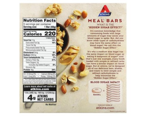 Atkins, Protein Meal Bar, Peanut Butter Granola, 5 Bars, 1.69 oz (48 g) Each Atkins, Protein Meal Bar, Peanut Butter Granola, 5 Bars, 1.69 oz (48 g) Each