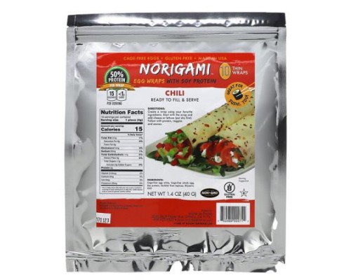 Norigami, Egg Wraps with Soy Protein, Chili, 10 Thin Wraps, 1.4 oz (40 g) Norigami, Egg Wraps with Soy Protein, Chili, 10 Thin Wraps, 1.4 oz (40 g)