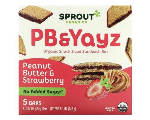 Sprout Organics, PB & Yayz, Organic Snack Sized Sandwich Bar, Peanut Butter & Strawberry, 5 Bars, 1.02 oz (29 g) Each Sprout Organics, PB & Yayz, Organic Snack Sized Sandwich Bar, Peanut Butter & Strawberry, 5 Bars, 1.02 oz (29 g) Each