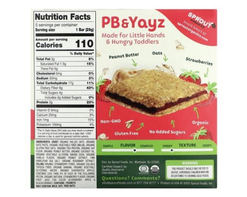 Sprout Organics, PB & Yayz, Organic Snack Sized Sandwich Bar, Peanut Butter & Strawberry, 5 Bars, 1.02 oz (29 g) Each Sprout Organics, PB & Yayz, Organic Snack Sized Sandwich Bar, Peanut Butter & Strawberry, 5 Bars, 1.02 oz (29 g) Each
