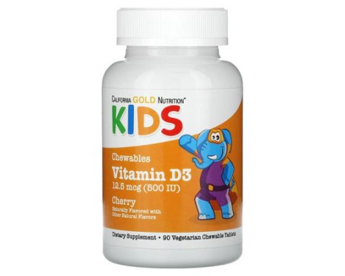 California Gold Nutrition, Chewable Vitamin D3 for Children, Natural Cherry, 12.5 mcg (500 IU), 90 Vegetarian Tablets California Gold Nutrition, Chewable Vitamin D3 for Children, Natural Cherry, 12.5 mcg (500 IU), 90 Vegetarian Tablets