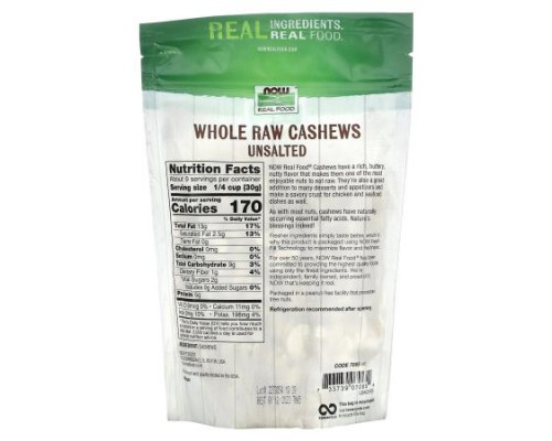 NOW Foods, Real Food, Whole, Raw Cashews, Unsalted, 10 oz (284 g)