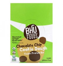 BHU Foods, Vegan Protein Bar, Chocolate Chip Cookie Dough, 12 Bars, 1.6 oz (45 g) Each