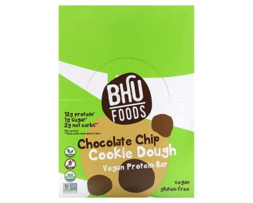 BHU Foods, Vegan Protein Bar, Chocolate Chip Cookie Dough, 12 Bars, 1.6 oz (45 g) Each BHU Foods, Vegan Protein Bar, Chocolate Chip Cookie Dough, 12 Bars, 1.6 oz (45 g) Each