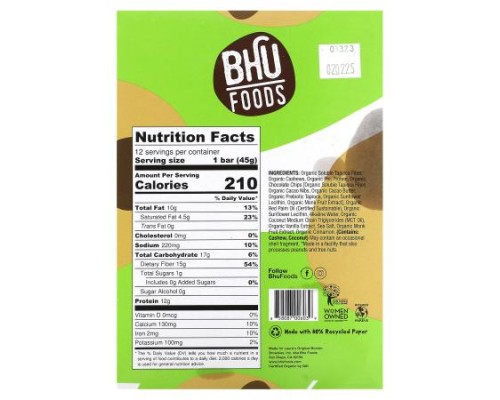 BHU Foods, Vegan Protein Bar, Chocolate Chip Cookie Dough, 12 Bars, 1.6 oz (45 g) Each BHU Foods, Vegan Protein Bar, Chocolate Chip Cookie Dough, 12 Bars, 1.6 oz (45 g) Each