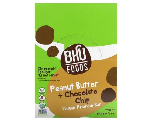 BHU Foods, Vegan Protein Bar, Peanut Butter + Chocolate Chip, 12 Bars, 1.6 oz (45 g) Each BHU Foods, Vegan Protein Bar, Peanut Butter + Chocolate Chip, 12 Bars, 1.6 oz (45 g) Each