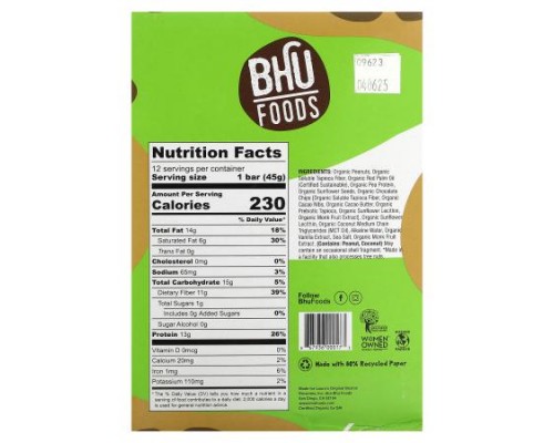 BHU Foods, Vegan Protein Bar, Peanut Butter + Chocolate Chip, 12 Bars, 1.6 oz (45 g) Each BHU Foods, Vegan Protein Bar, Peanut Butter + Chocolate Chip, 12 Bars, 1.6 oz (45 g) Each