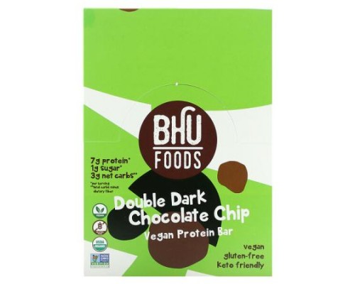 BHU Foods, Vegan Protein Bar, Double Dark Chocolate Chip, 12 Bars, 1.6 oz (45 g) Each BHU Foods, Vegan Protein Bar, Double Dark Chocolate Chip, 12 Bars, 1.6 oz (45 g) Each