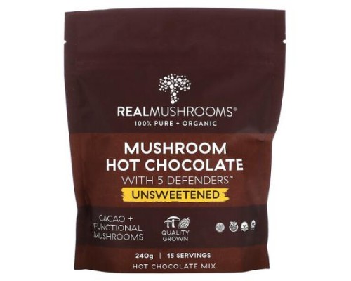 Real Mushrooms, Mushroom Hot Chocolate with 5 Defenders, Unsweetened, 240 g