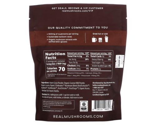 Real Mushrooms, Mushroom Hot Chocolate with 5 Defenders, Unsweetened, 240 g